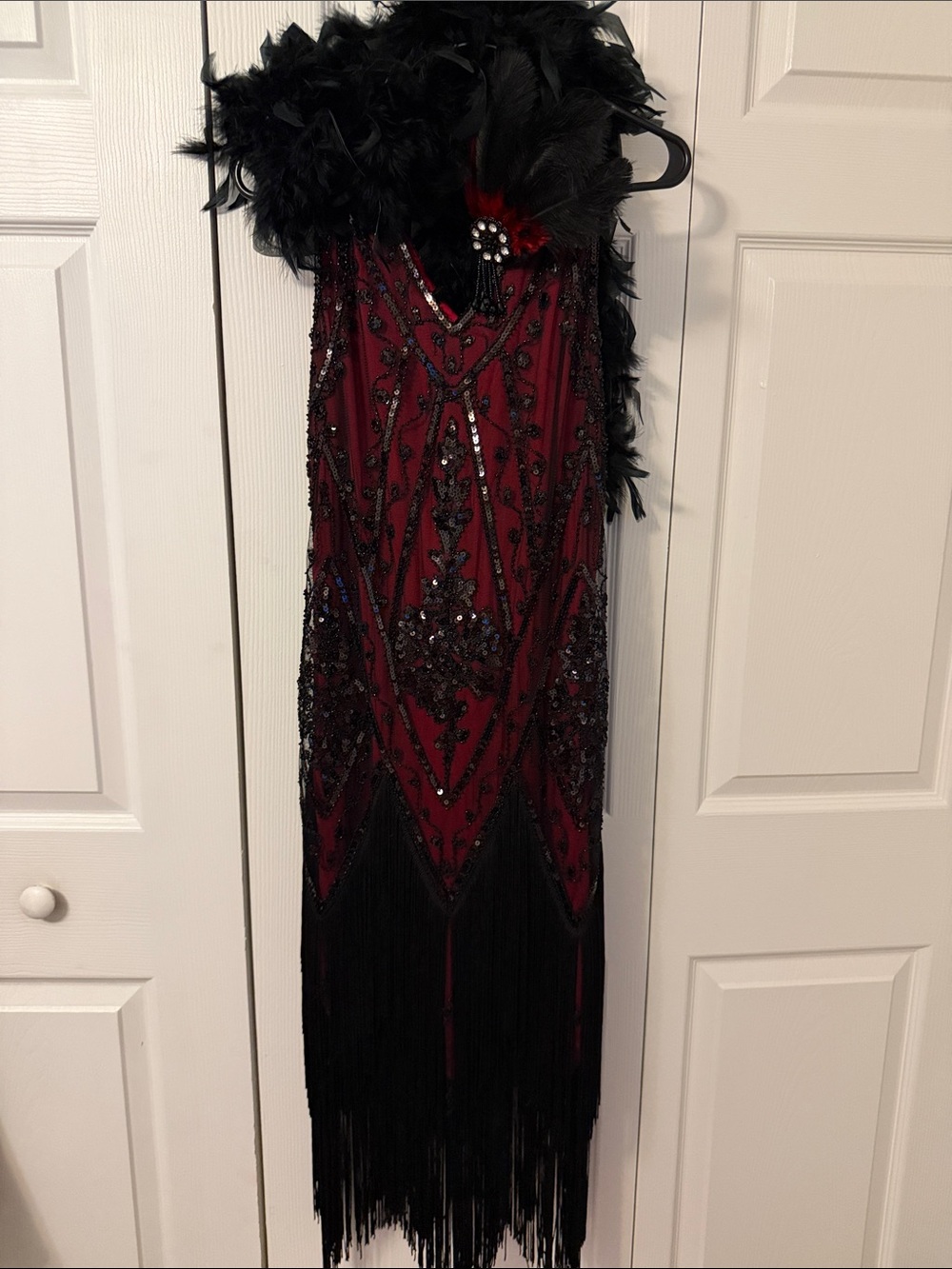 Beaded Burgundy Fringe Flapper Dress with Feather Detail